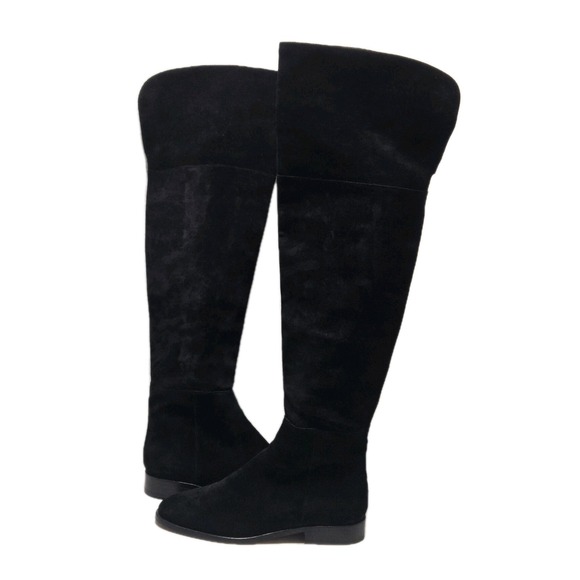 J. Crew Factory Shoes - J Crew Over The Knee Riding Boots 7.5 Black Suede Leather Cuff Tall K2741 Witchy